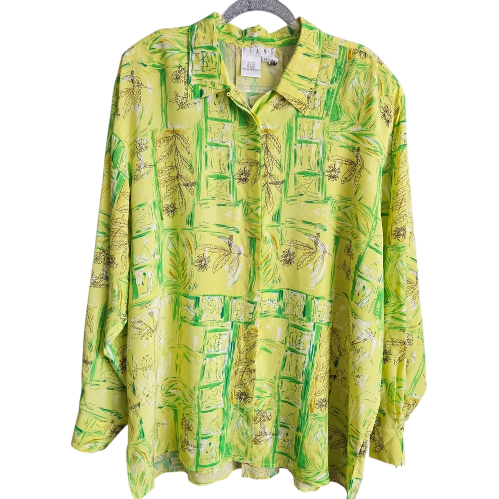 Vintage 90s PIANO Lime Green Silk Blouse‎ Floral Print Long Sleeve Shirt 1X